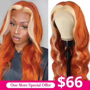 Neobeauty Hair Density 150% Skunk Stripe Hair 13*4 Wig Ginger Color with Blonde Highlights Body Wave Wig